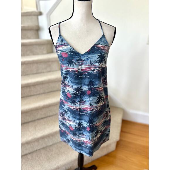 J.Crew Navy & Pink Tropical Sunrise Palm Print Linen Shift Sundress - Picture 1 of 6